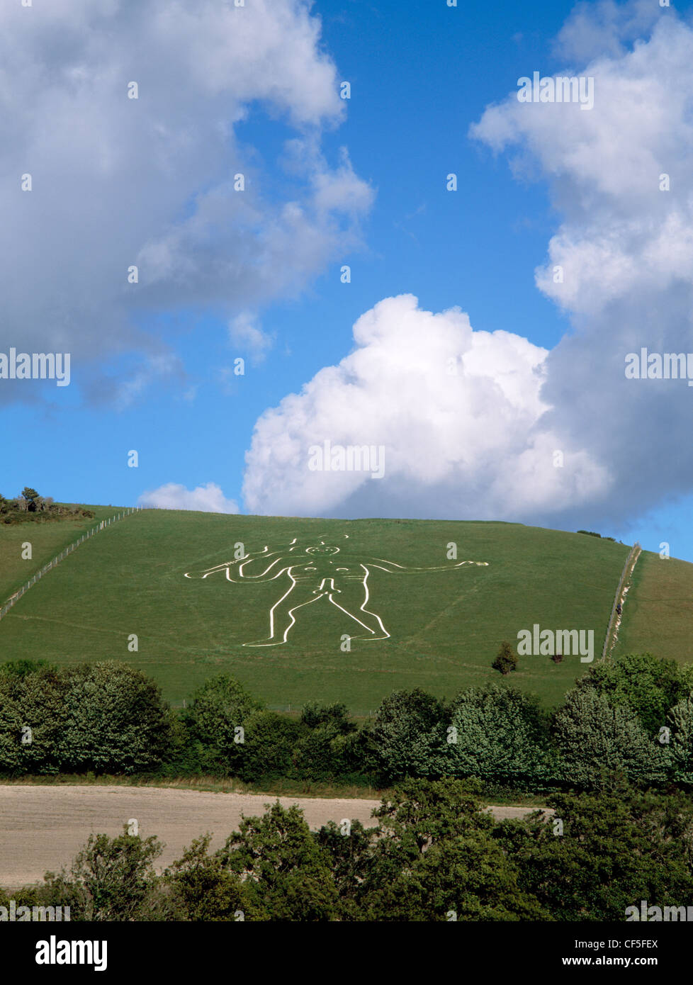 The Cerne Abbas Giant, a chalk carving of a naked male carrying a club, reputed to represent a pre-Roman Celtic god, the Graeco- Stock Photo