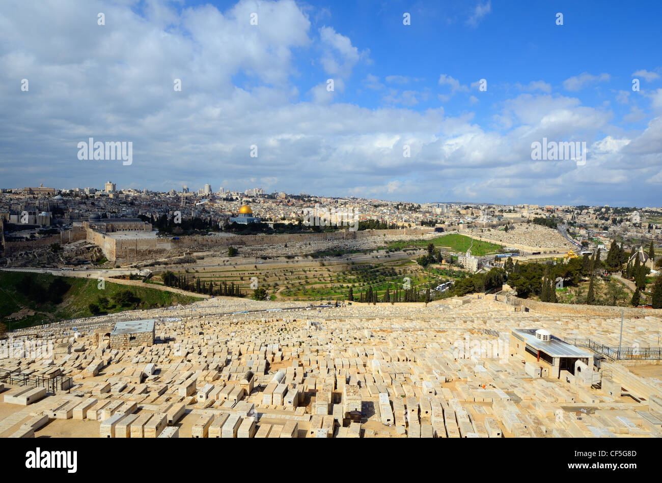 View of tombs on Mount of Olives and Old City of Jerusalem, Israel. Stock Photo