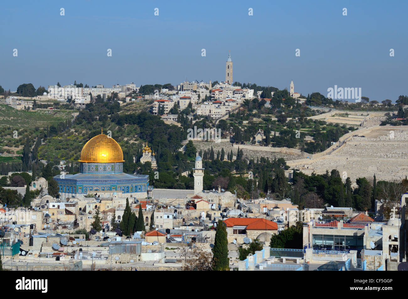 Landmarks such as Dome of the Rock in the Old City of Jerusalem, Israel