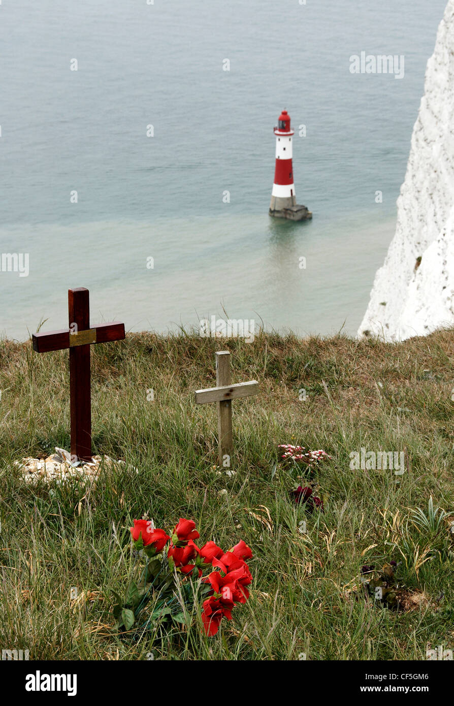 Two crosses denoting successful suicides sit atop the cliffs at Beachy Head. Stock Photo