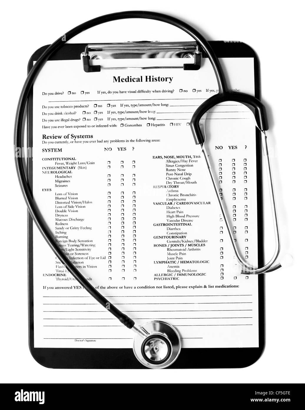 A doctors office medical records form on a black clipboard with physicians stethoscope. Stock Photo