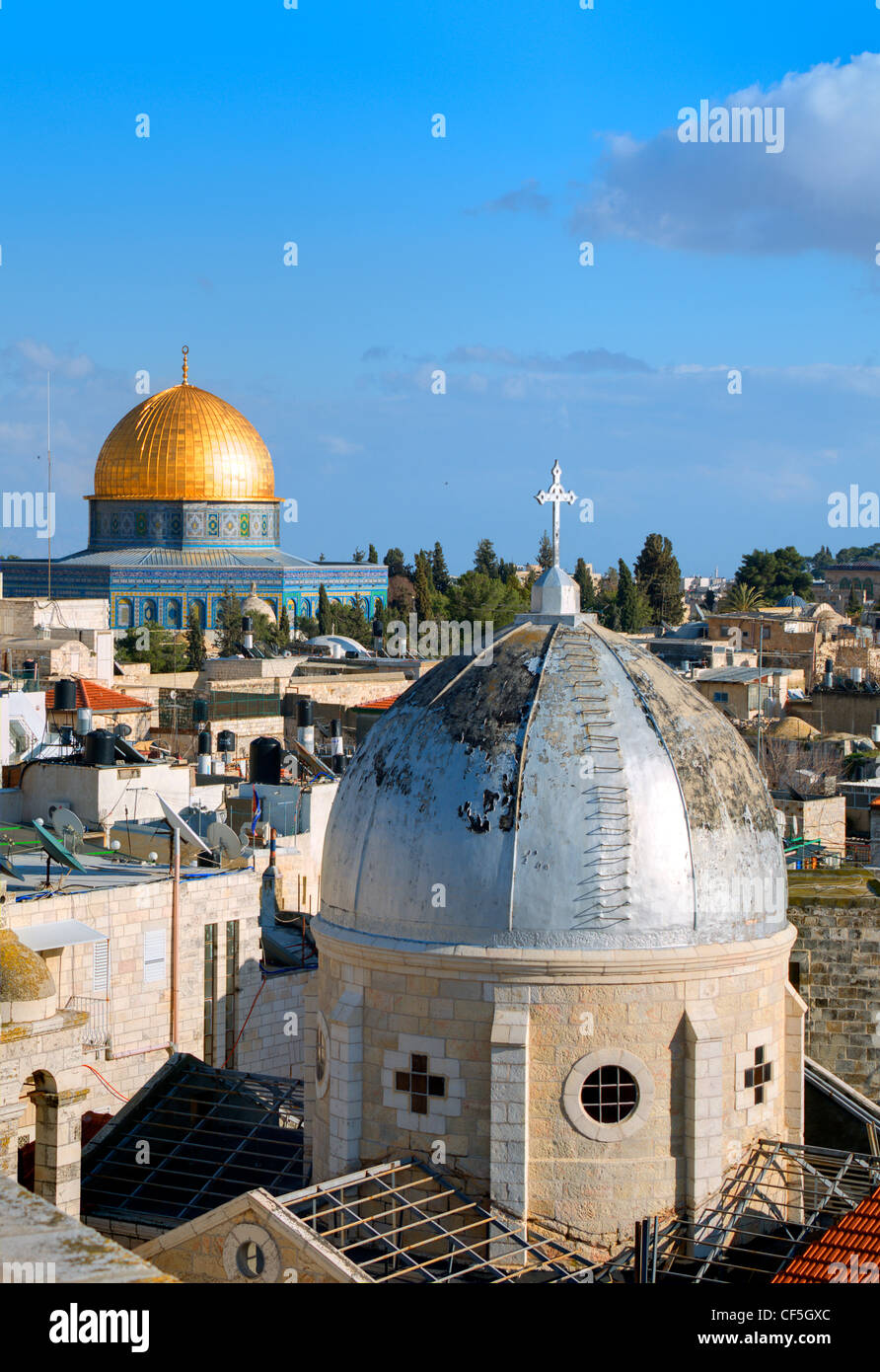 Dome of the Rock and Christian Basilica in the Old City of Jerusalem, Israel. Stock Photo