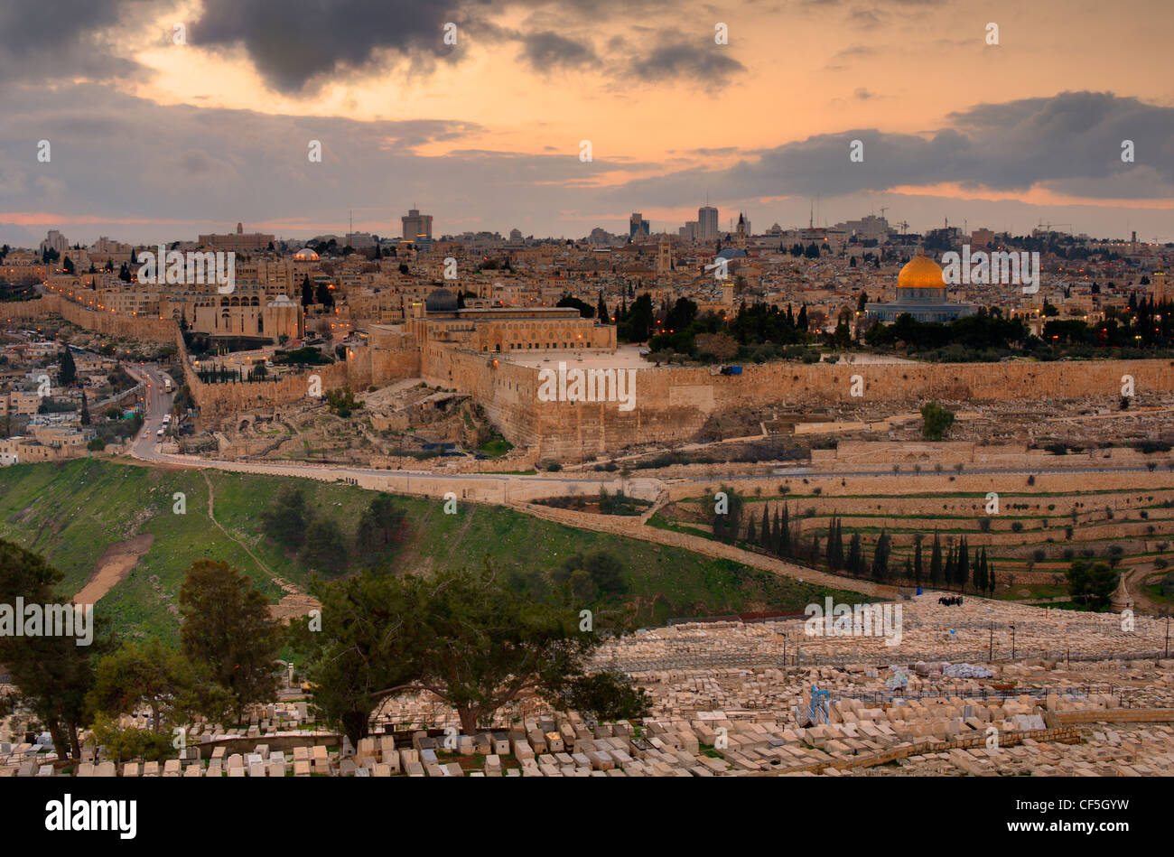 Skyline of Jerusalem, Israel at the Old City viewed from Mount of Olives. Stock Photo