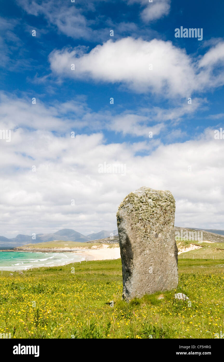 A standing stone near Borve beach on the Isle of Harris. Stock Photo