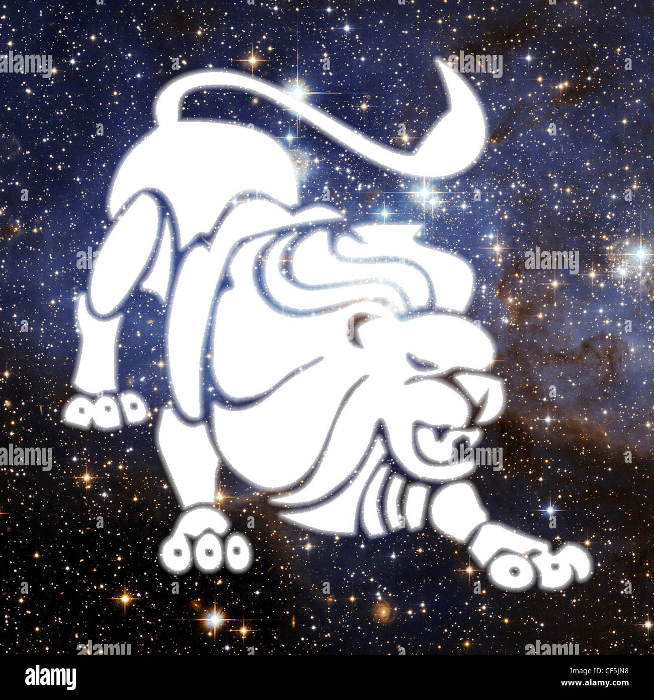 An illustration of a white silhouetted lion ready to pounce, set against a background of space filled with stars Stock Photo