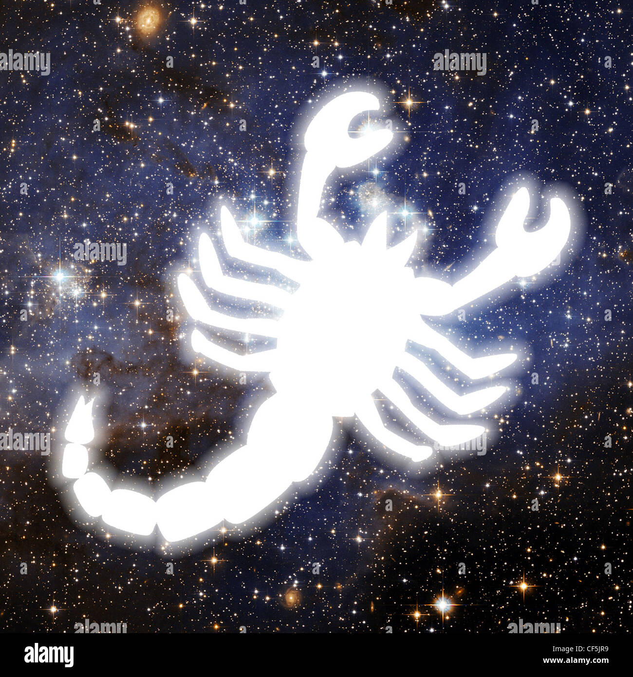 An illustration of a white silhouetted scorpion, set against a background of space filled with stars Stock Photo