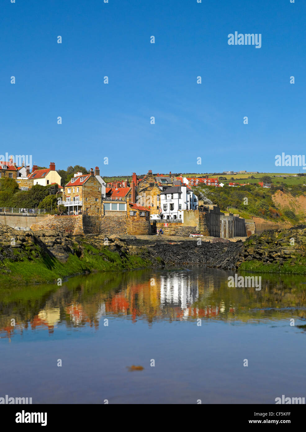 Reflections in a pool of water on the beach at Robin Hoods Bay, the busiest smuggling community on the Yorkshire coast during th Stock Photo