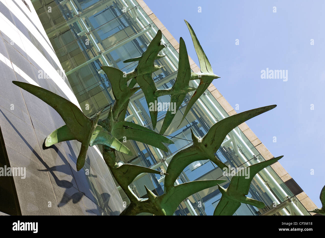 Modern seagull sculpture on No 1 City Square office buildings overlooking City Square. Stock Photo