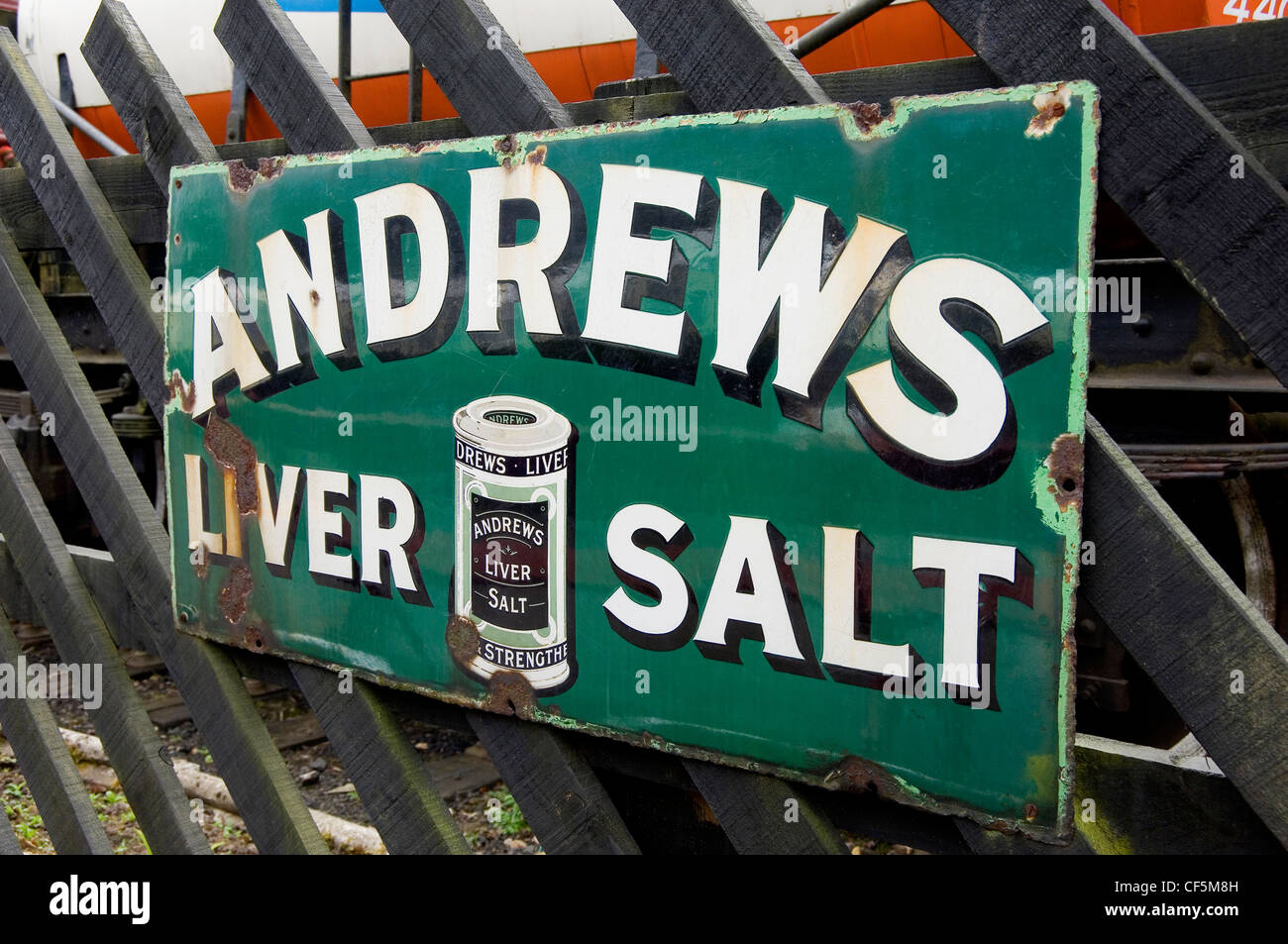 Old rusty Andrews liver salt sign on the North York Moors Railway platform at Goathland station. Stock Photo