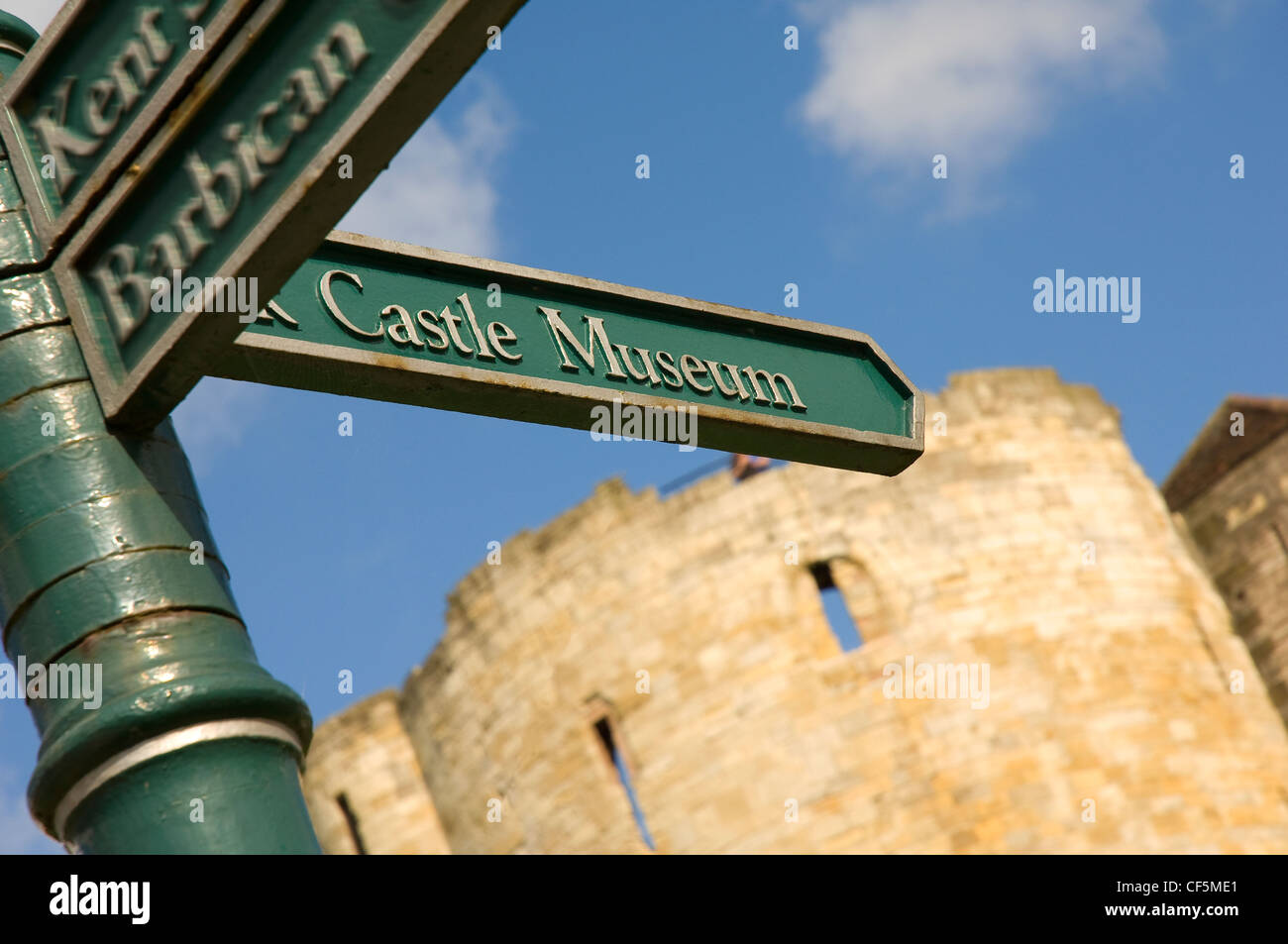City of York tourist direction signpost outside Cliffords Tower directing tourists to the Castle Museum. Stock Photo