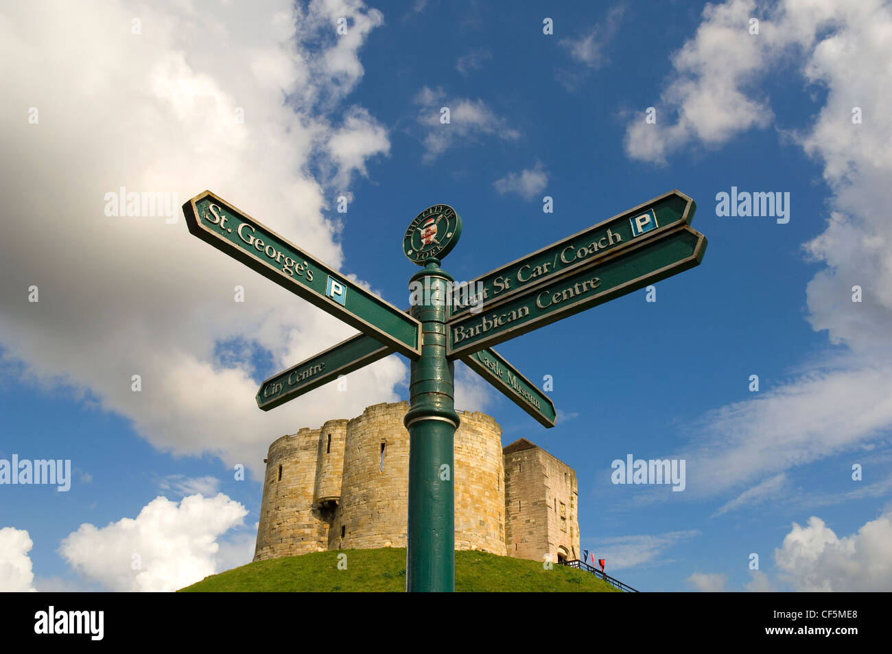 City of York tourist direction signpost outside Cliffords Tower. Stock Photo