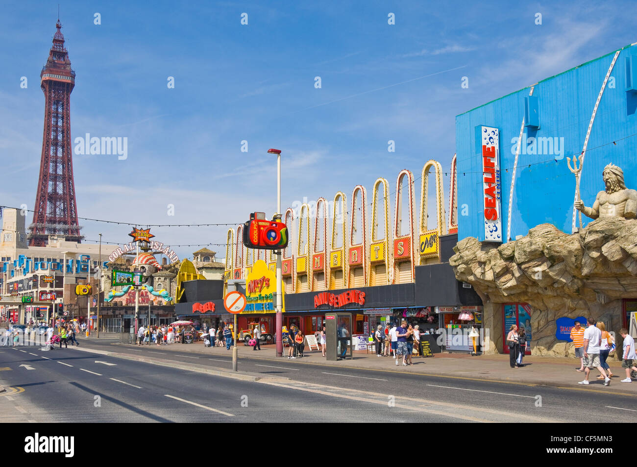 Amusements and tower on the seafront in Blackpool. Stock Photo