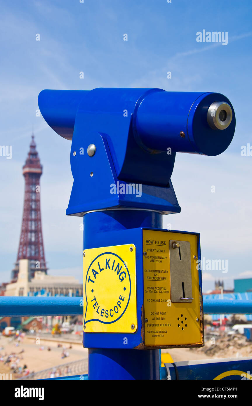 A talking telescope on the seafront from which great views of the Blackpool tower can be enjoyed. Stock Photo