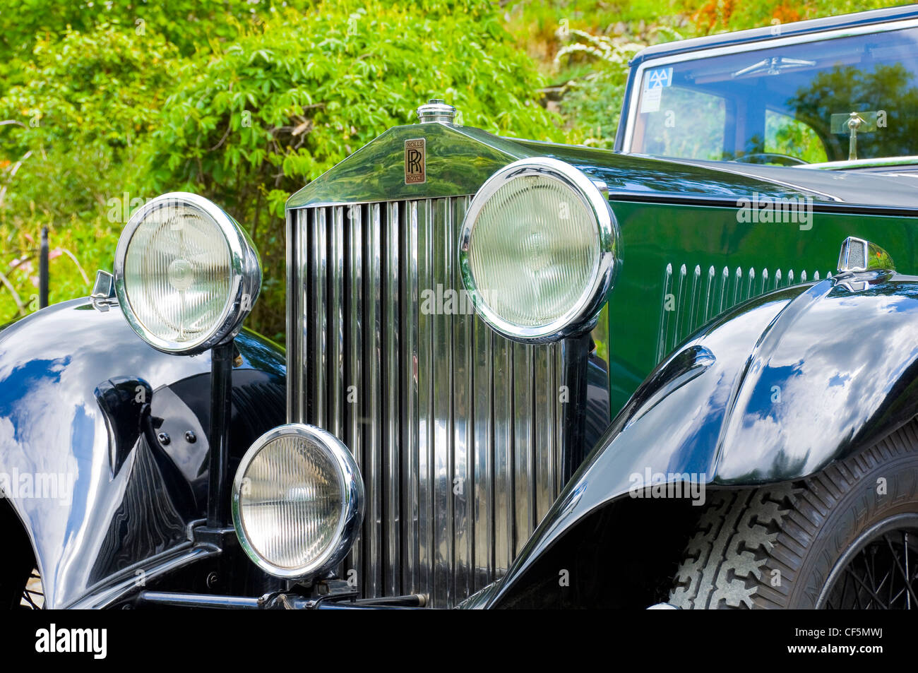 Close up of the front of a vintage Rolls Royce motor car. Stock Photo