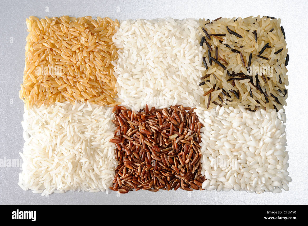 Six small squares of different varieties of rice from top left, brown rice, long grain rice, long grain and wild rice, arborio Stock Photo