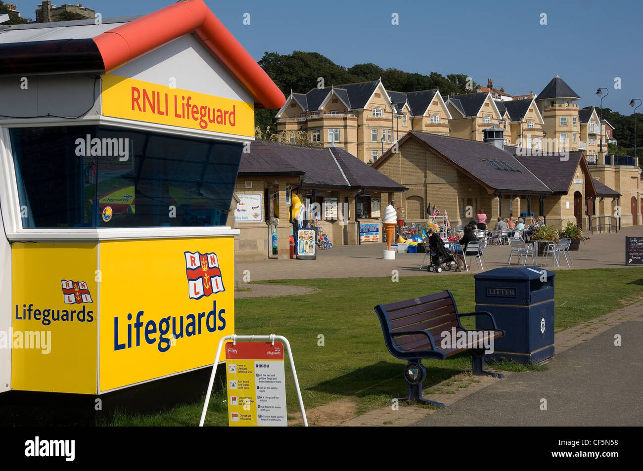 RNLI Lifeguard station on the promenade at Filey. Stock Photo
