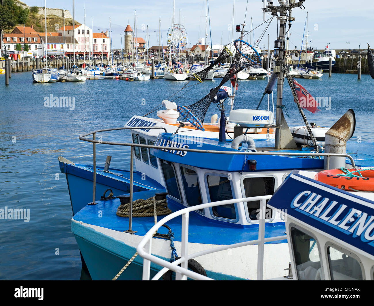 Yachts and fishing boats moored in Scarborough Harbour. Stock Photo
