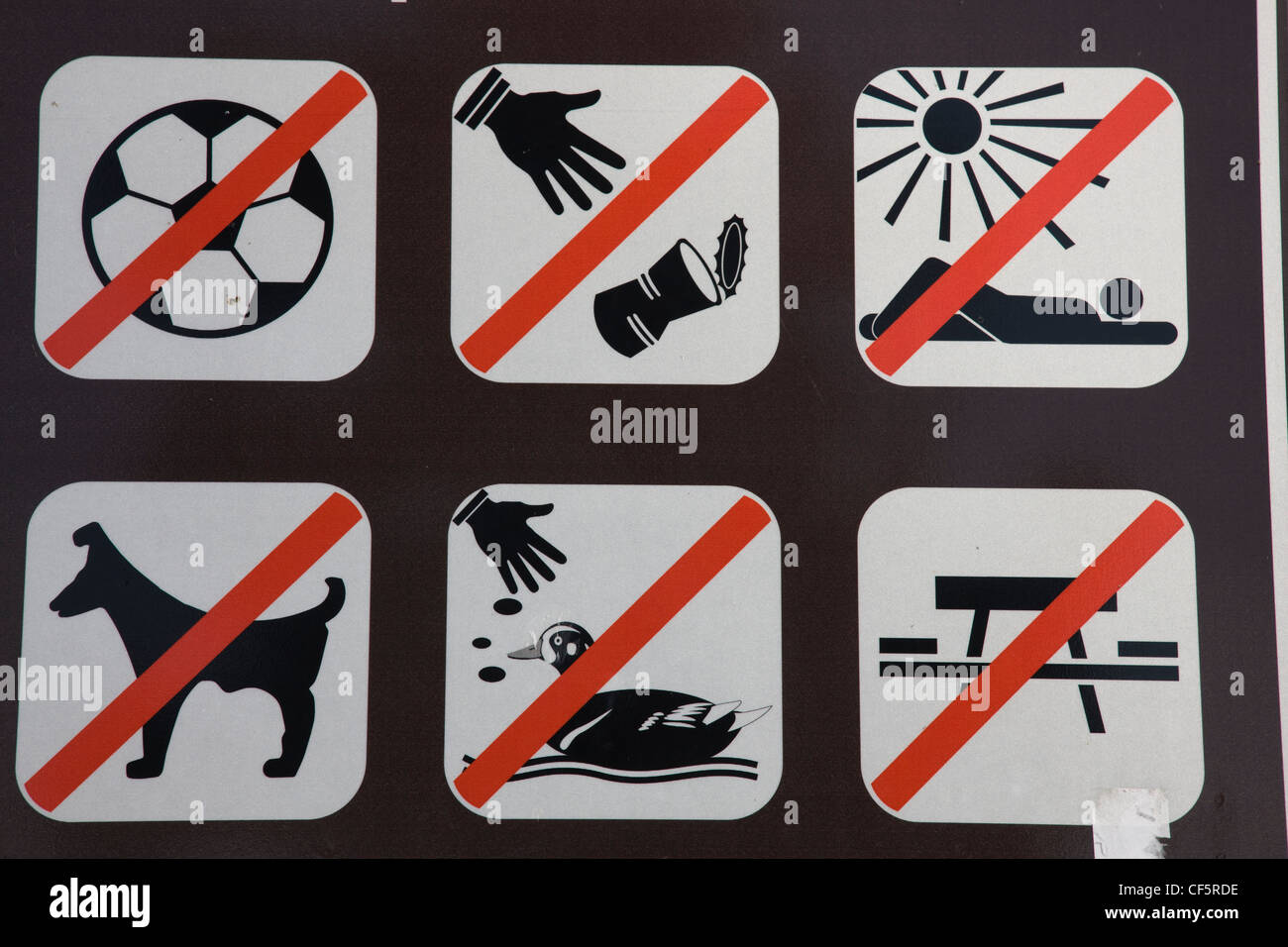 Many things which are not allowed in this park in Italy Stock Photo