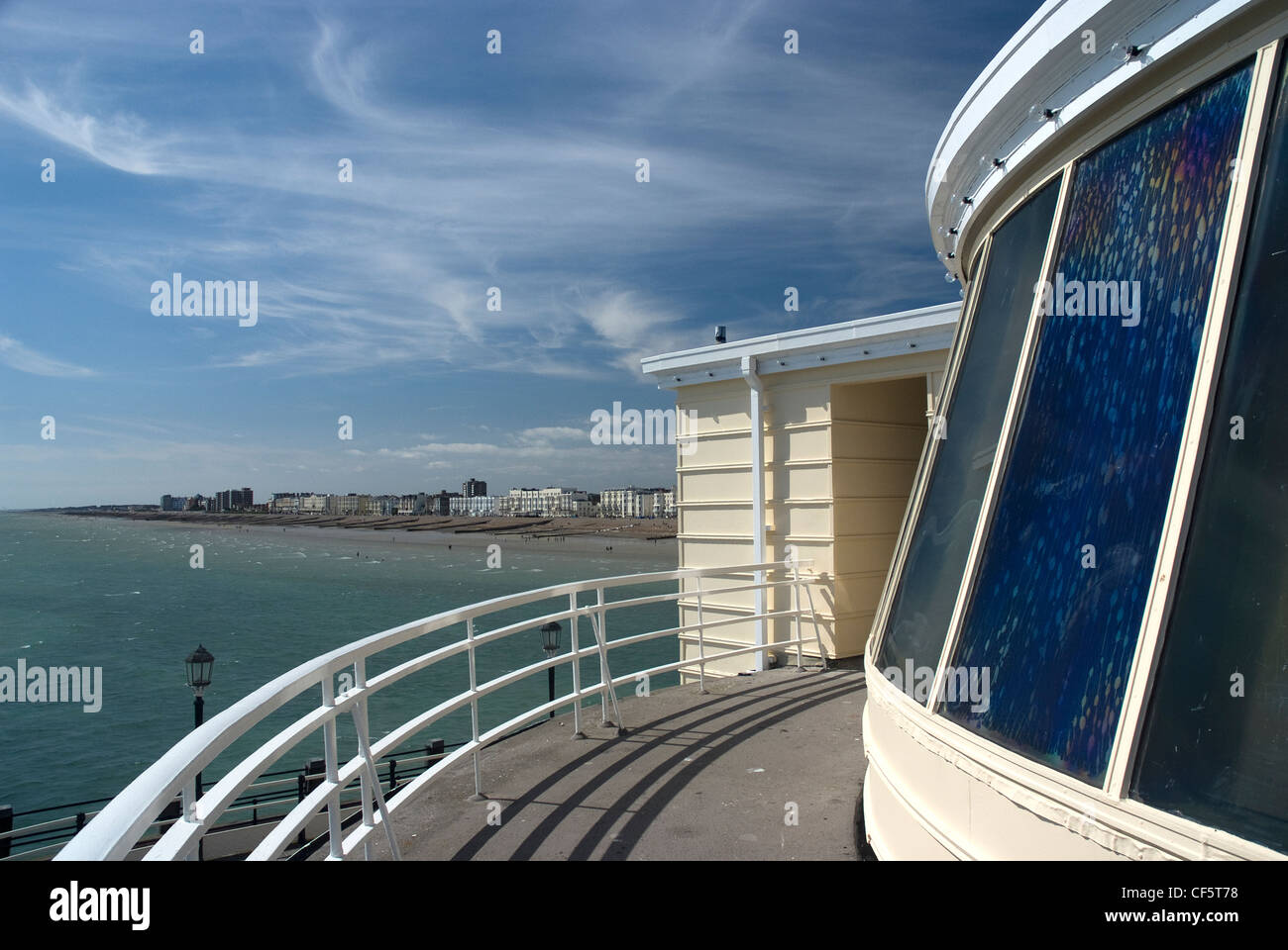 View from the southern end of Worthing Pier towards the town of Worthing. Stock Photo