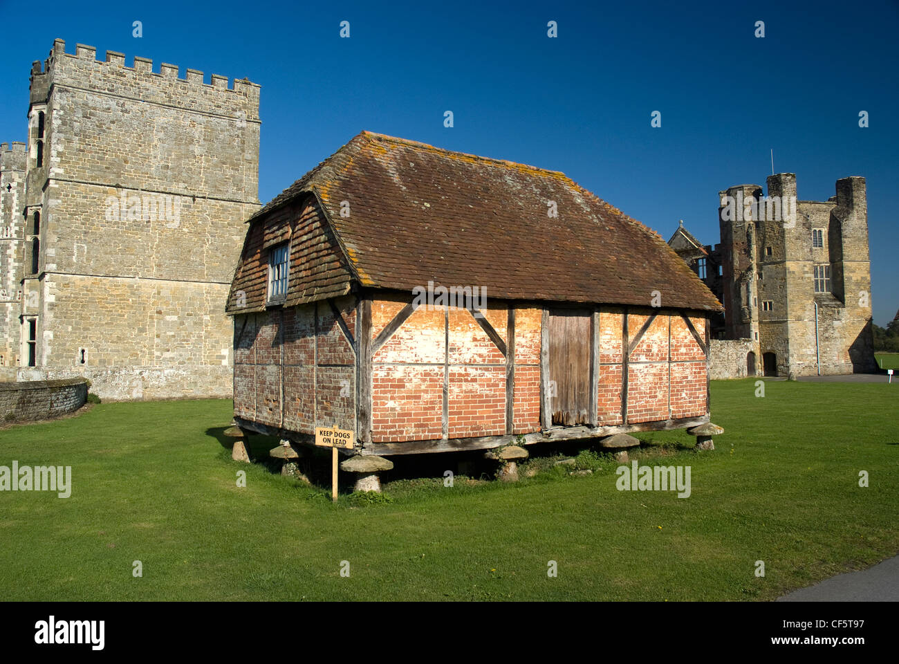 A Tudor barn in the grounds of Cowdray ruins, one of Southern England's most important early Tudor courtier's palaces. Stock Photo