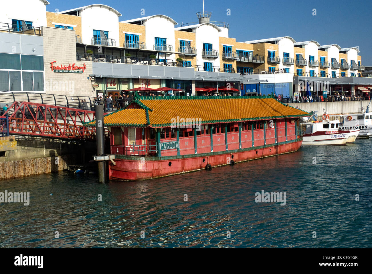 The Brighton Pagoda, a floating oriental restaurant and fine art gallery in Brighton Marina. Stock Photo