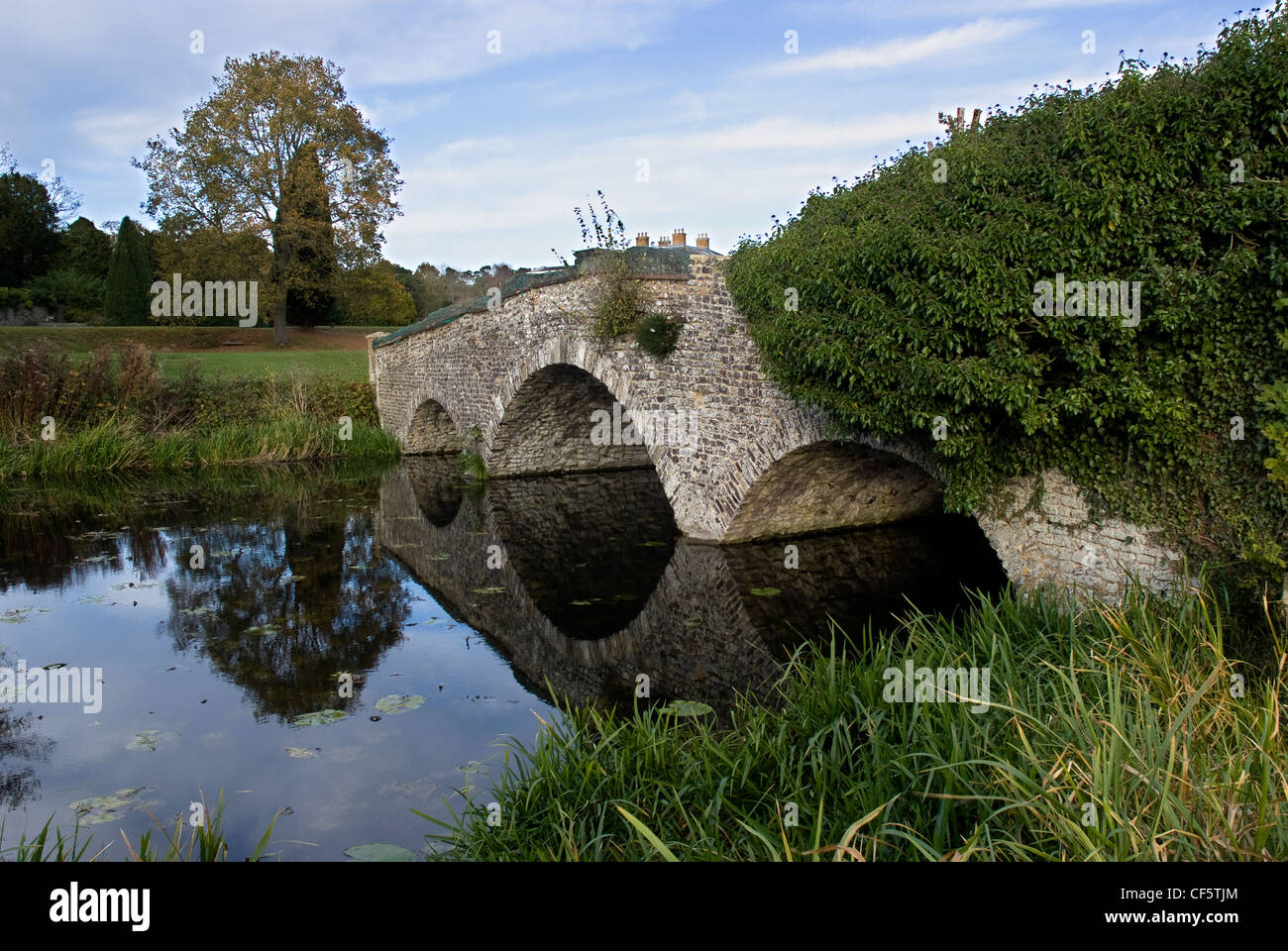 The bridge over the River Wey connecting Waverley Abbey and Waverley Abbey House. Stock Photo