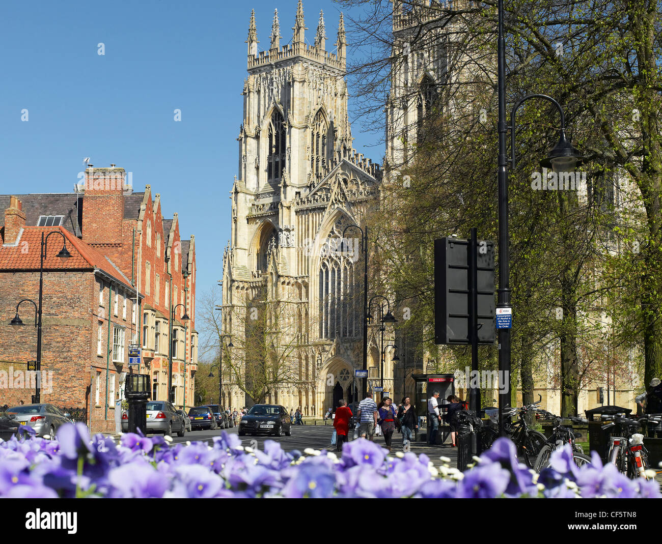 West front of York Minster in spring from Duncombe Place. Stock Photo