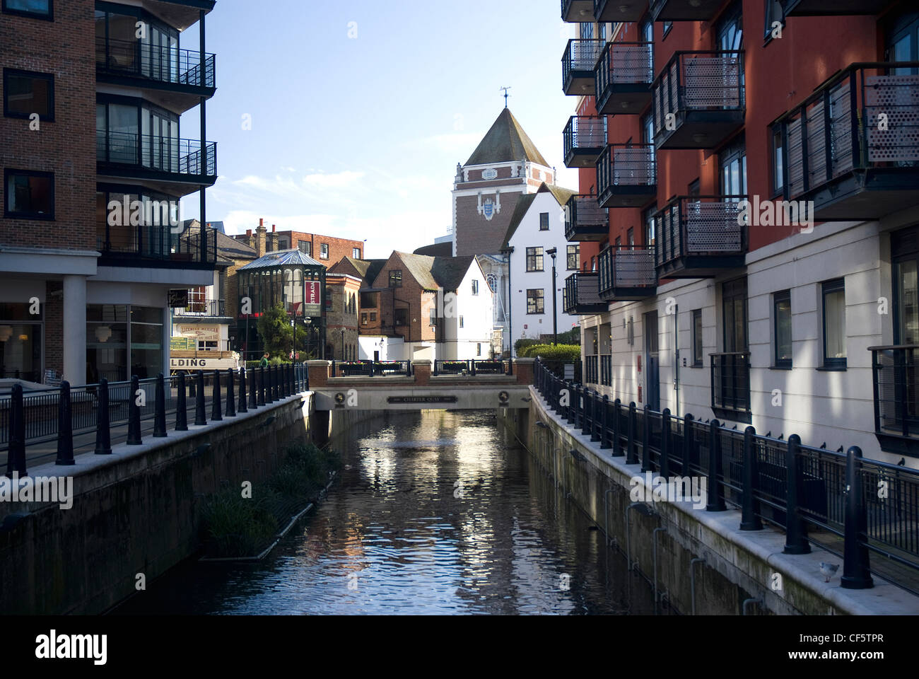 The Charter Quay riverside development combining homes, shops, restaurants and a theatre in Kingston upon Thames. Stock Photo