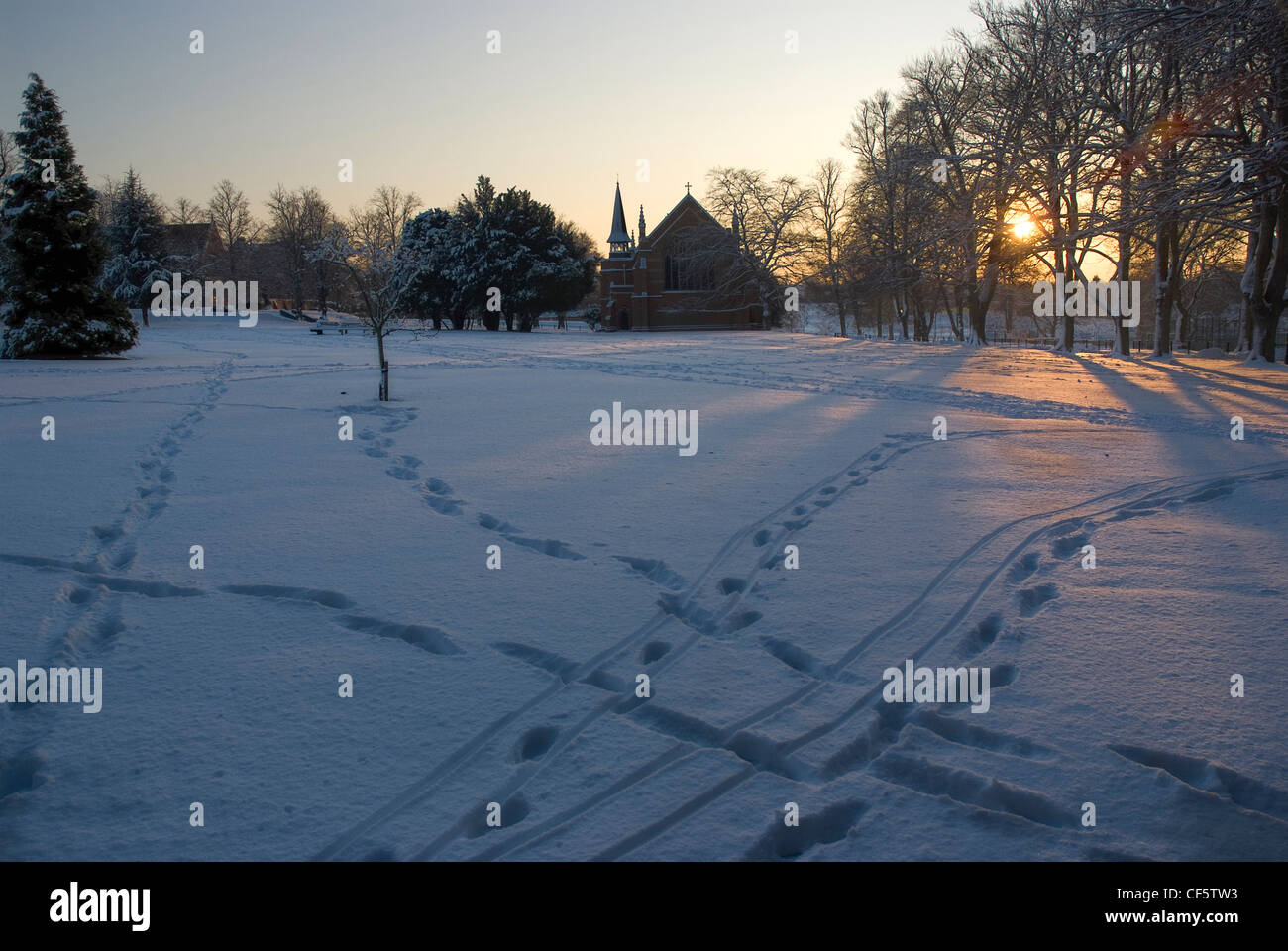 Footprints in the snow near Epsom College school. Stock Photo