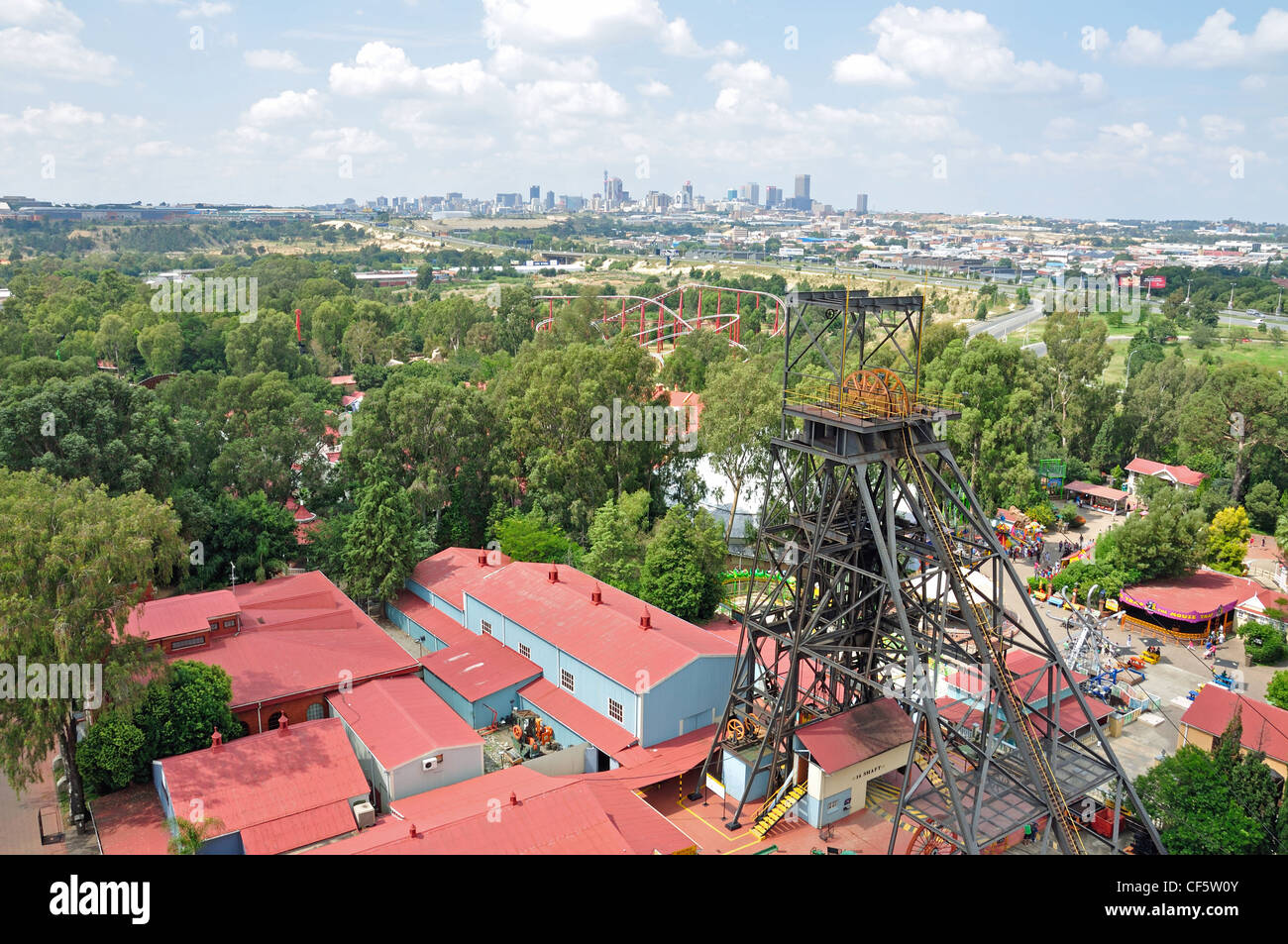 View of city and park from Giant Wheel at Gold Reef City Theme Park, Johannesburg, Gauteng Province, South Africa Stock Photo