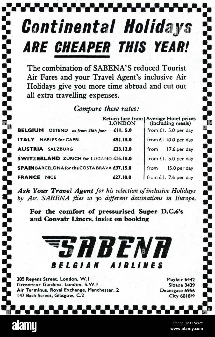 Sabena airline advert in 1953, published in the UK Stock Photo