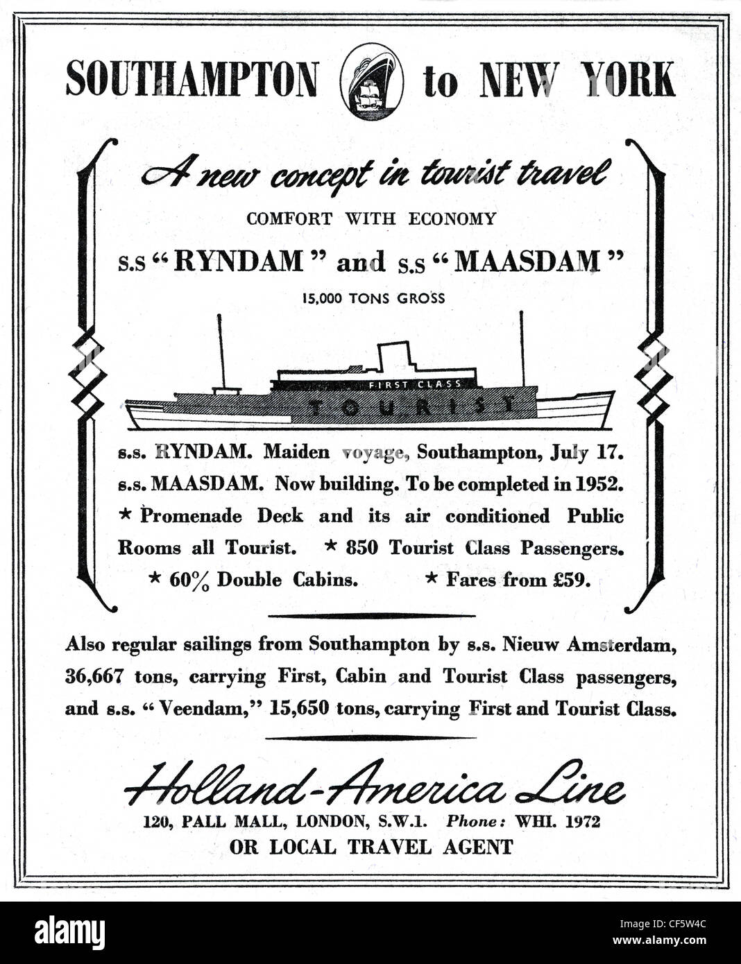 Holland America Line cruise ship travel advert in 1951 Stock Photo