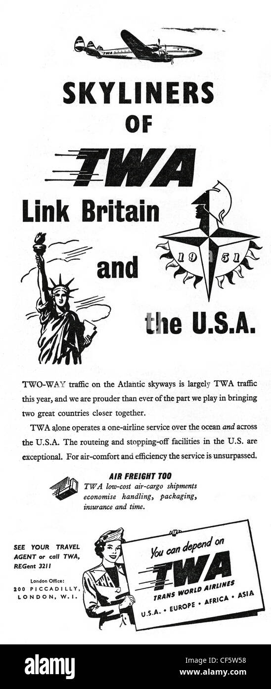 TWA airline advert in 1951, published in the UK Stock Photo