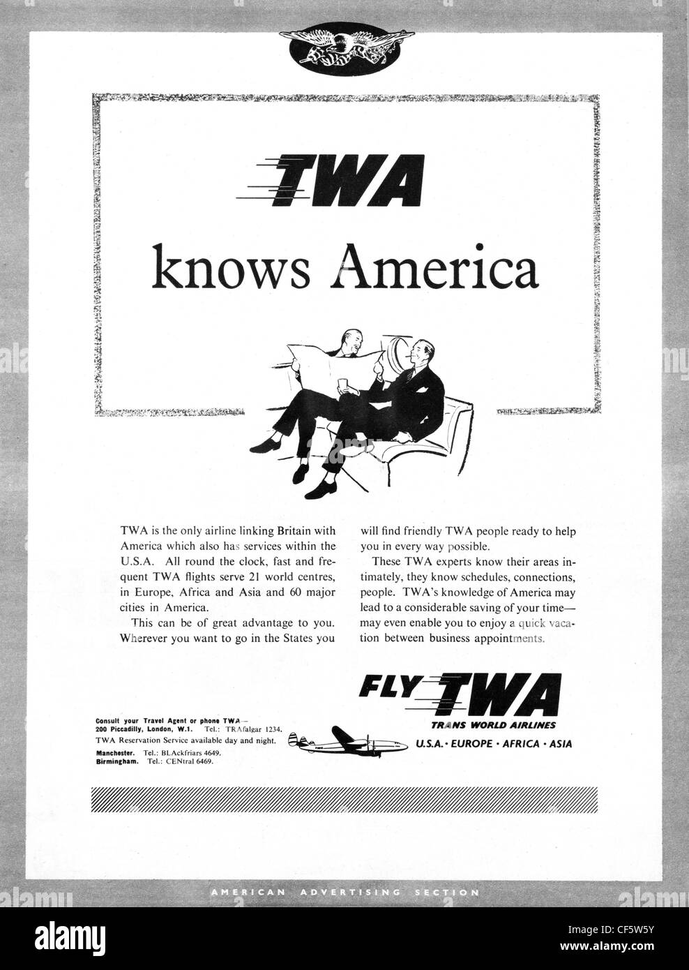 TWA airline advert in 1953, published in the UK Stock Photo