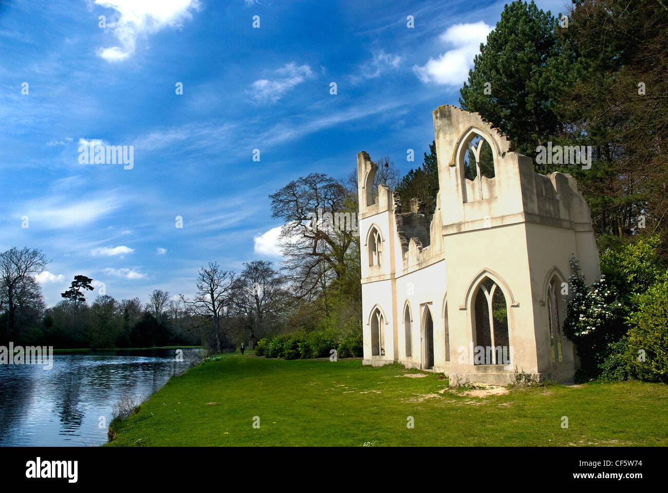 A folly in the shape of a ruined Gothic abbey in Painshill Park, designed and created between 1738 and 1773 by the Hon. Charles Stock Photo