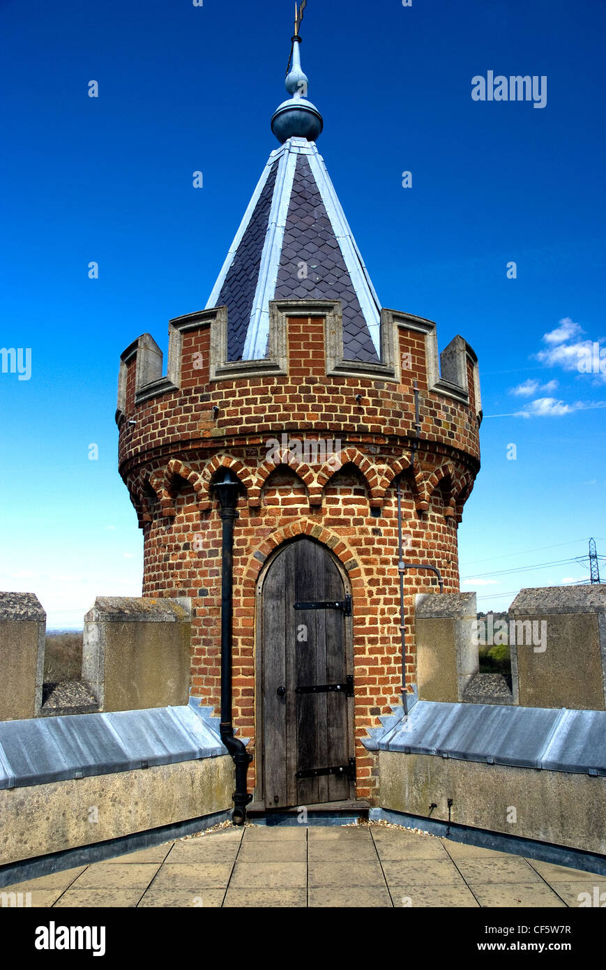 The turret at the top of the Gothic Tower in Painshill Park, often referred to by Hon. Charles Hamilton (MP), the designer and c Stock Photo