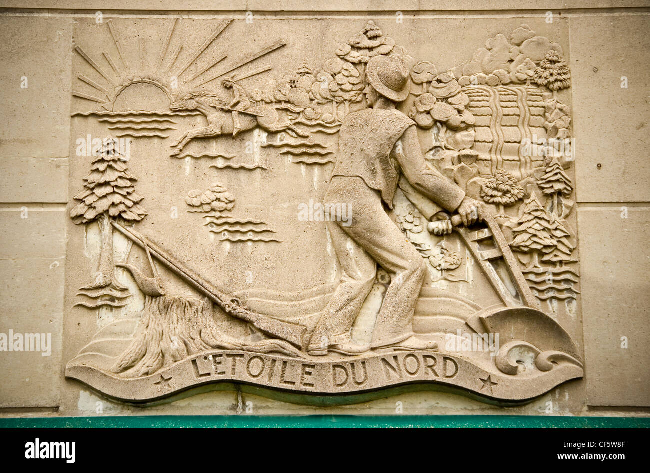 Relief carving of the Great Seal of Minnesota at the Minnesota State Fair grounds in St. Paul. Stock Photo