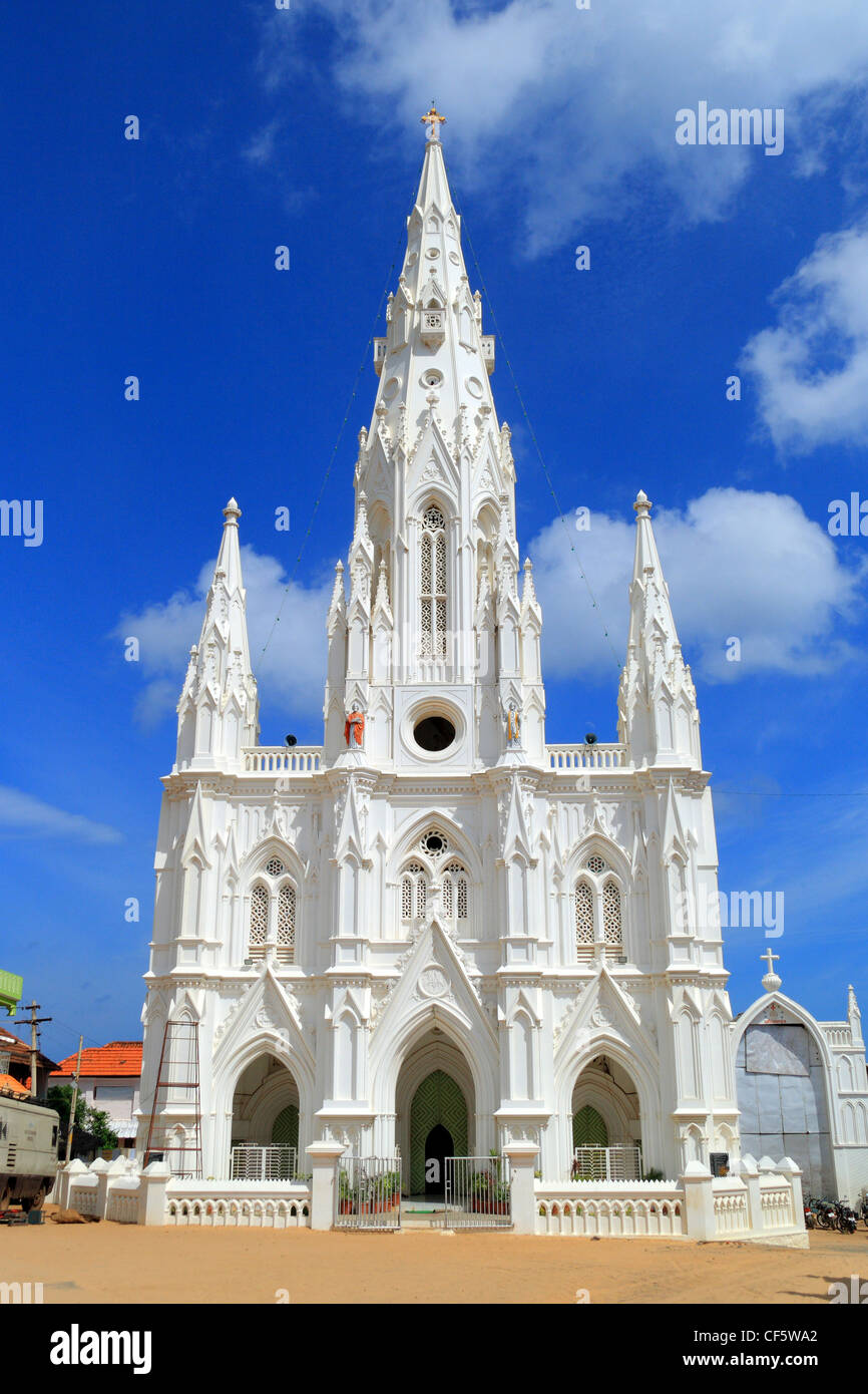 Kanyakumari, church,catholic, Cape Comorin, white, blue, Portuguese, Architecture, Gothic, Tamil ,Nadu, India Stock Photo