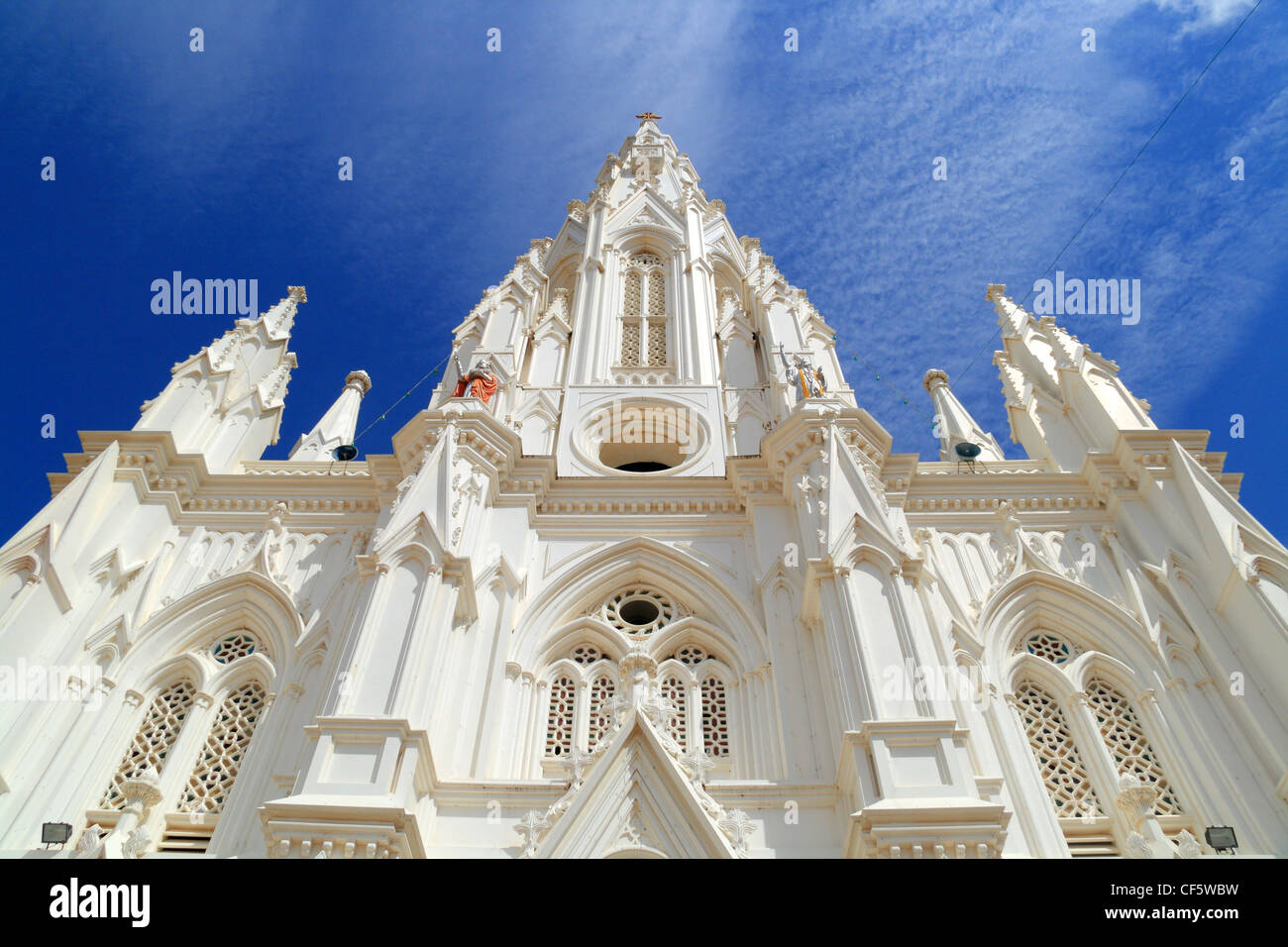 Kanyakumari, church, catholic, Cape Comorin, white, blue, Portuguese, Architecture, Gothic, Tamil ,Nadu, India Stock Photo