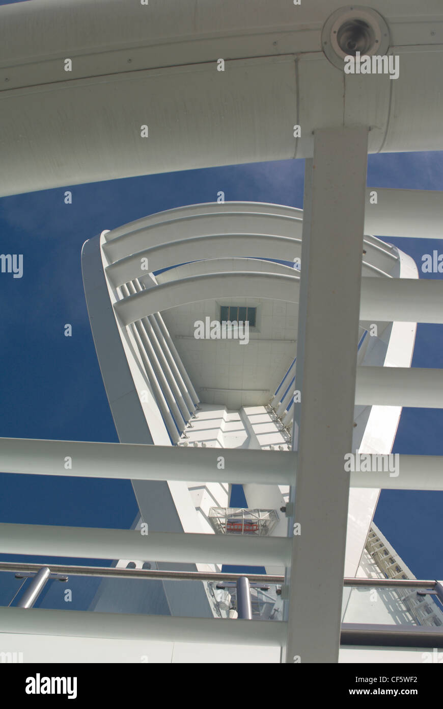 Looking up at the superstructure of the Spinnaker Tower. The glass floor upon which people can stand is visible. Stock Photo