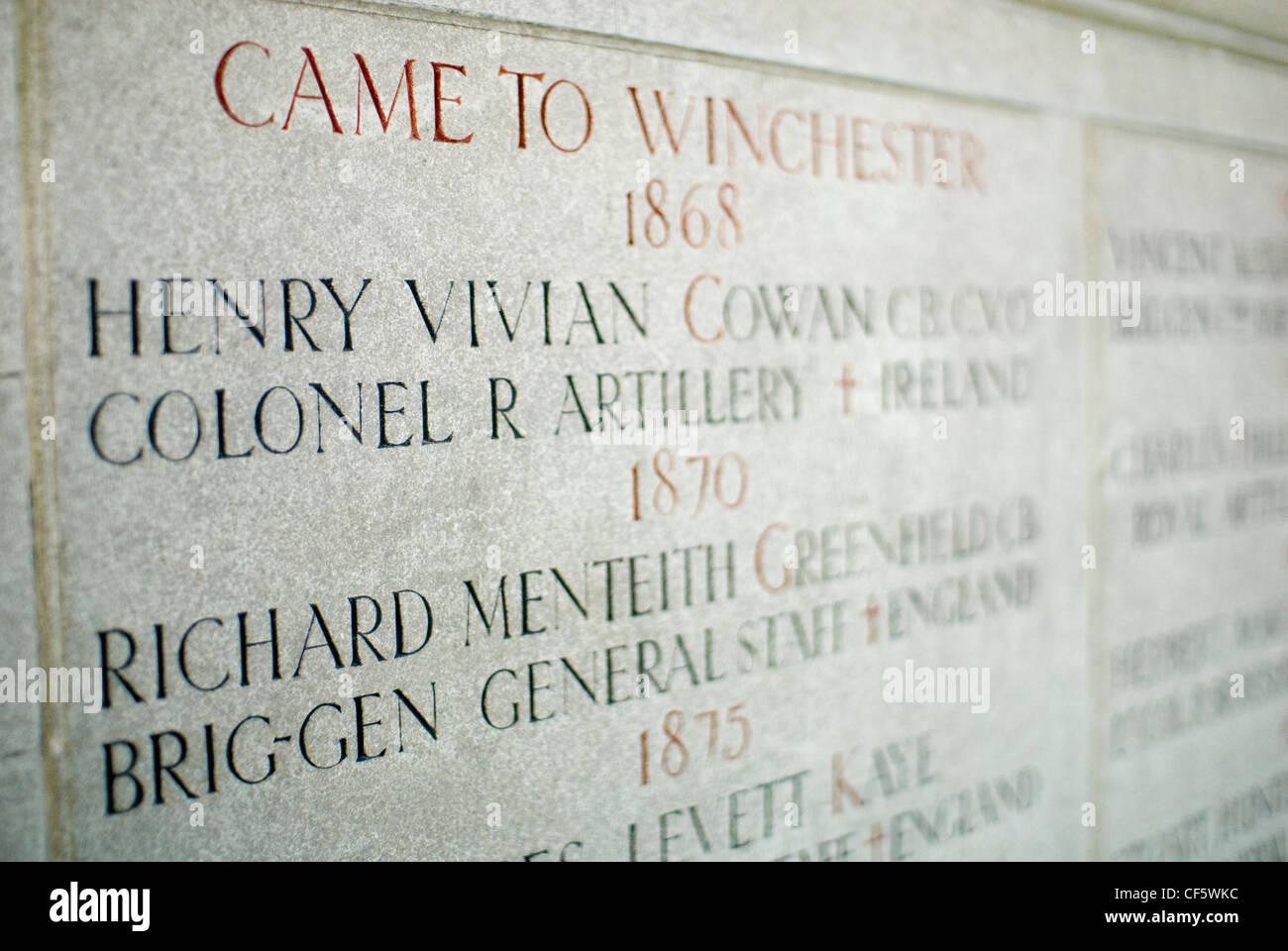 Detail of war memorial at Winchester College. Winchester College was founded in the fourteenth century by William of Wykeham, Bi Stock Photo