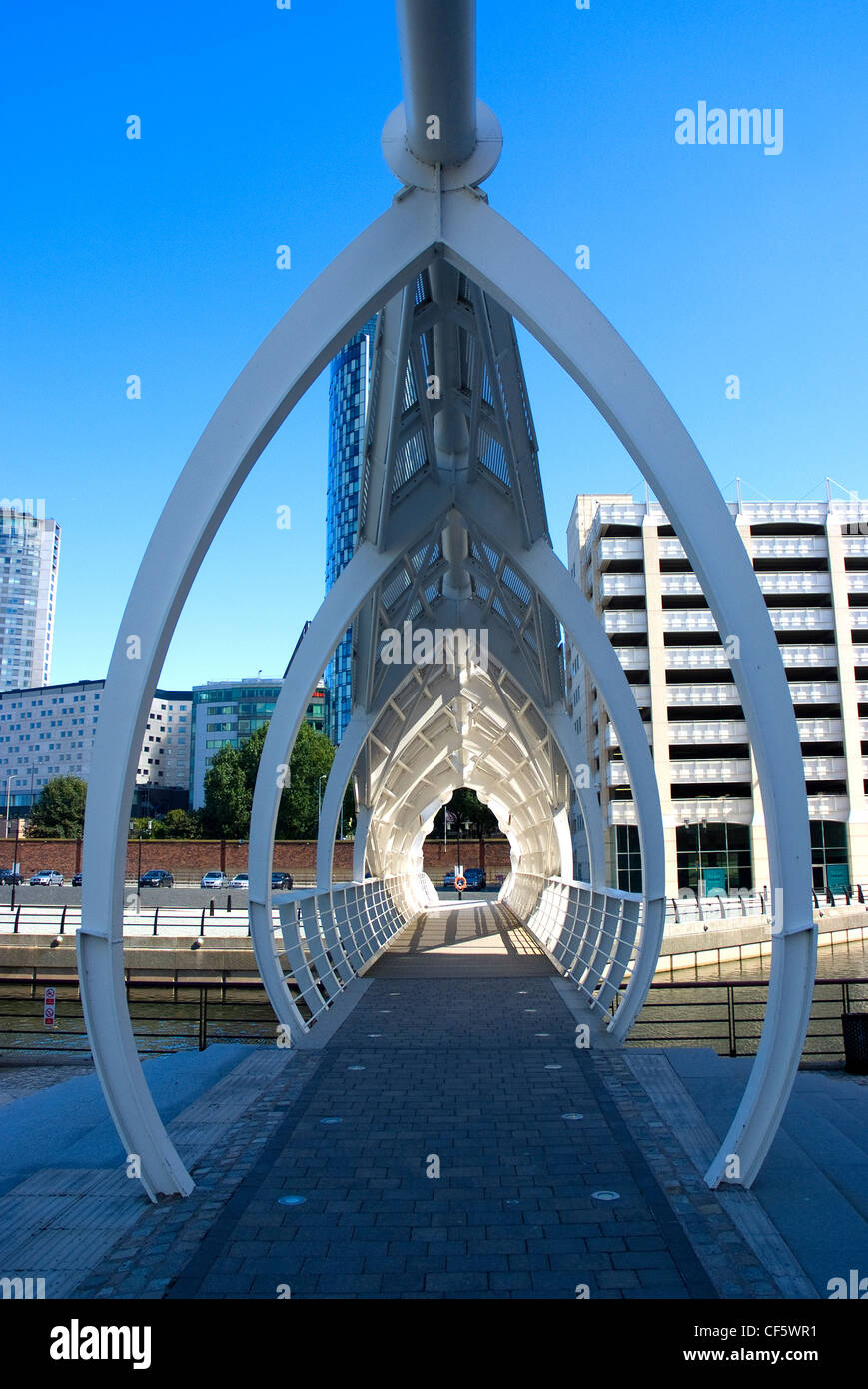 Prince's Dock footbridge over the new Leeds to Liverpool Canal link. Stock Photo