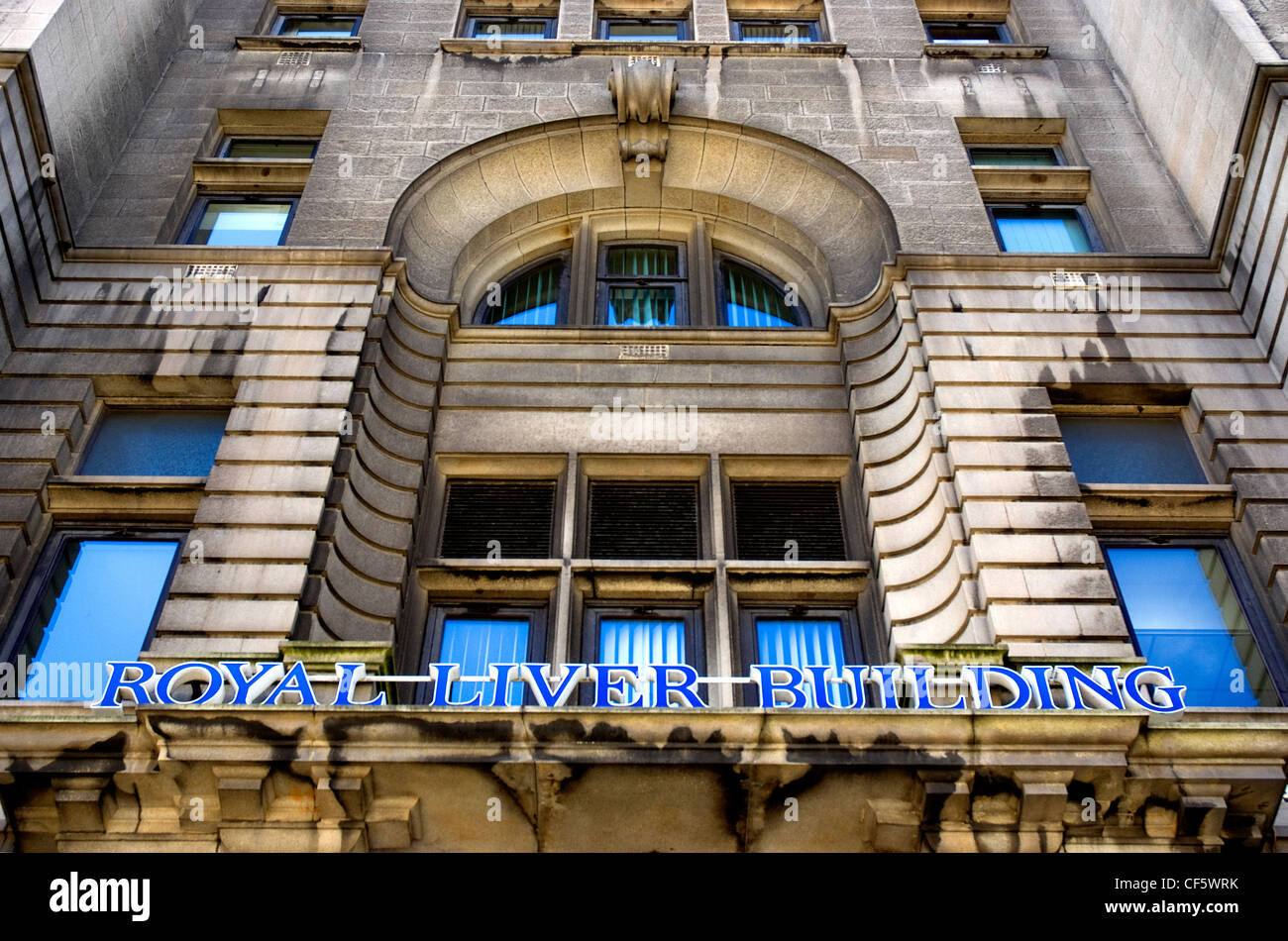 Sign over an entrance to the Royal Liver Building, one of Liverpool's Three Graces. Stock Photo