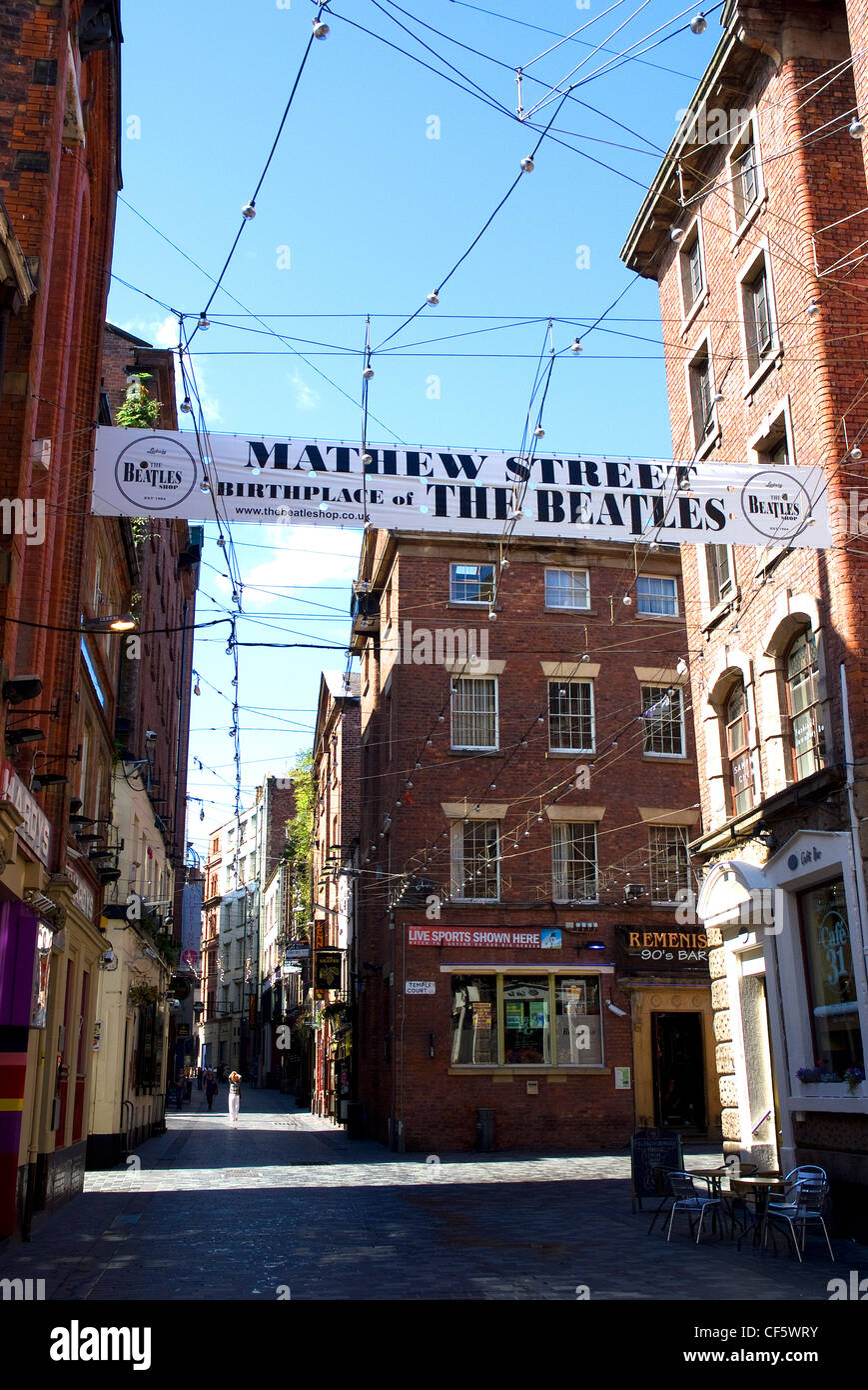 A banner over Mathew Street proclaiming it the birthplace of The Beatles. Stock Photo