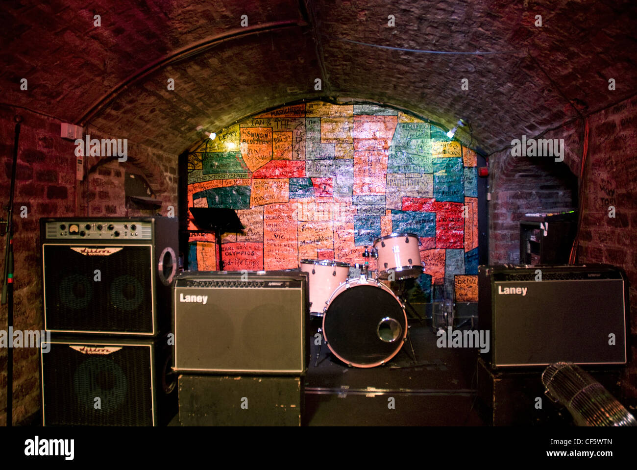 The stage inside The Cavern Club in Mathew Street, the venue where Brian Epstein first saw The Beatles perform in 1961. Stock Photo