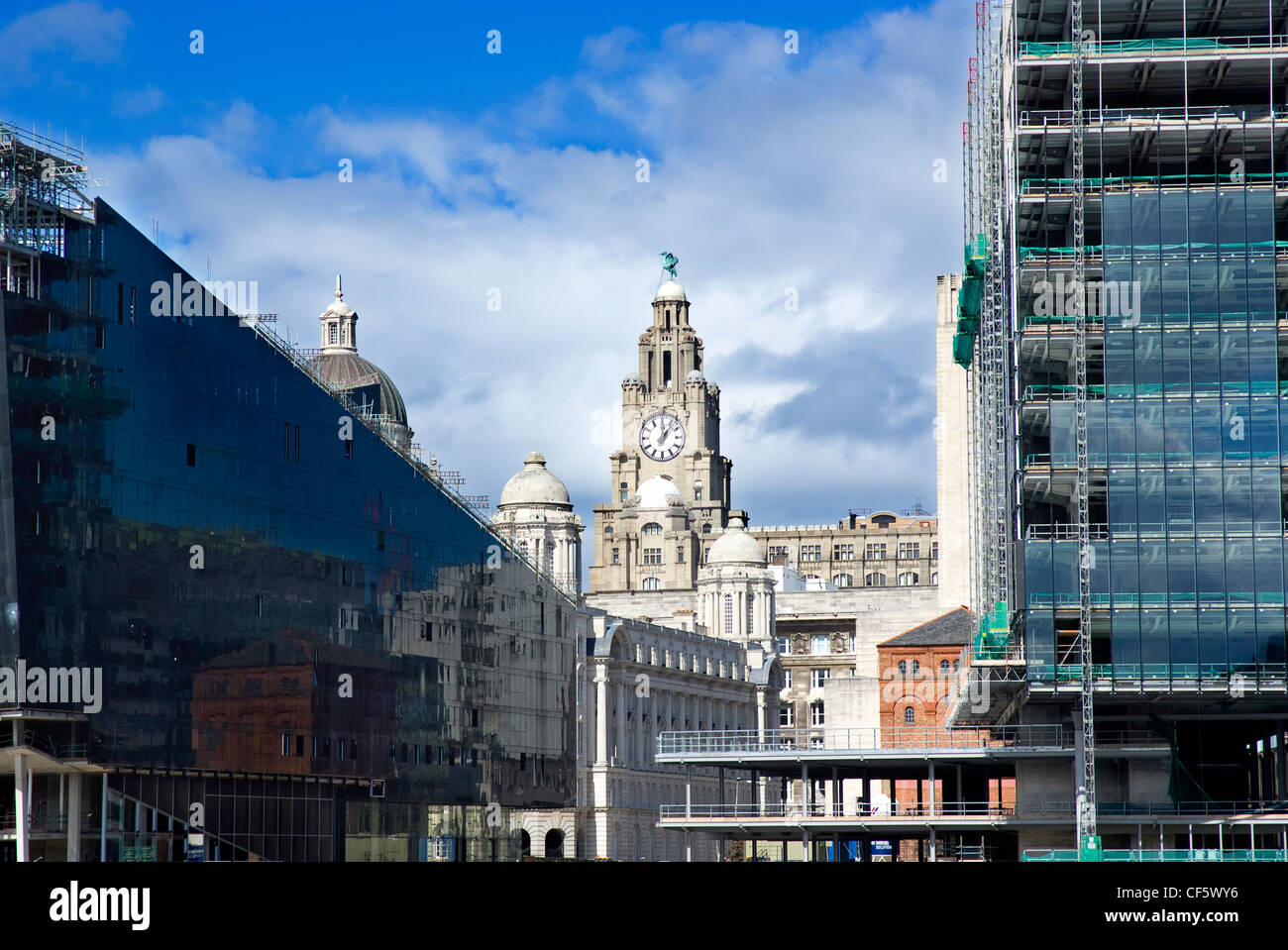 The Royal Liver Building between modern office and residential developments on the Pier Head. Stock Photo