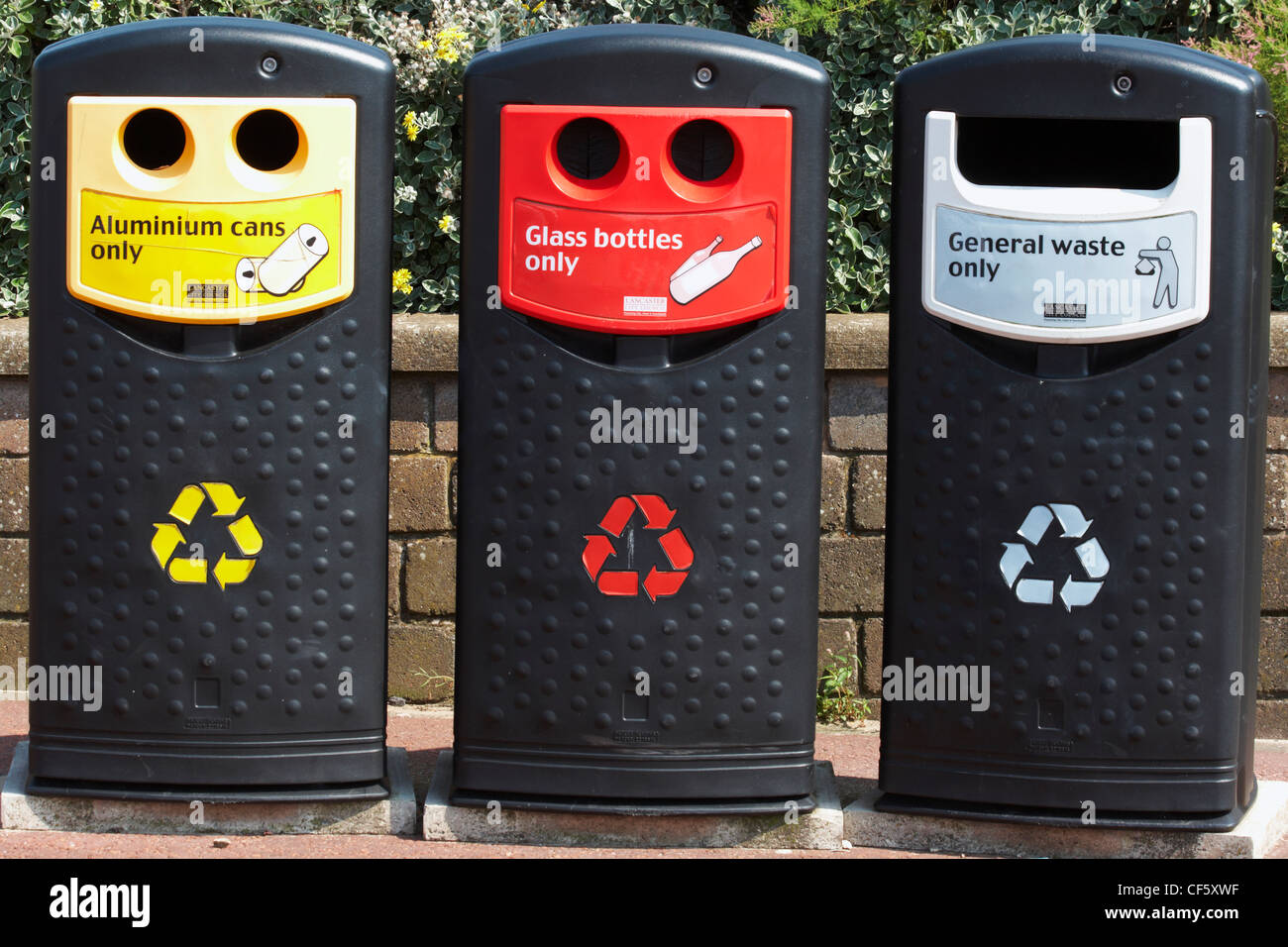 A row of recycling bins for different waste on the beach front at Morecambe Stock Photo Alamy