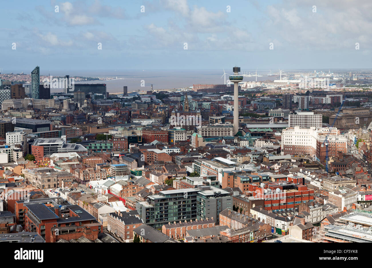 Aerial view over the city towards the Mersey Estuary, featuring the Radio City Tower (St. John's Beacon). Stock Photo