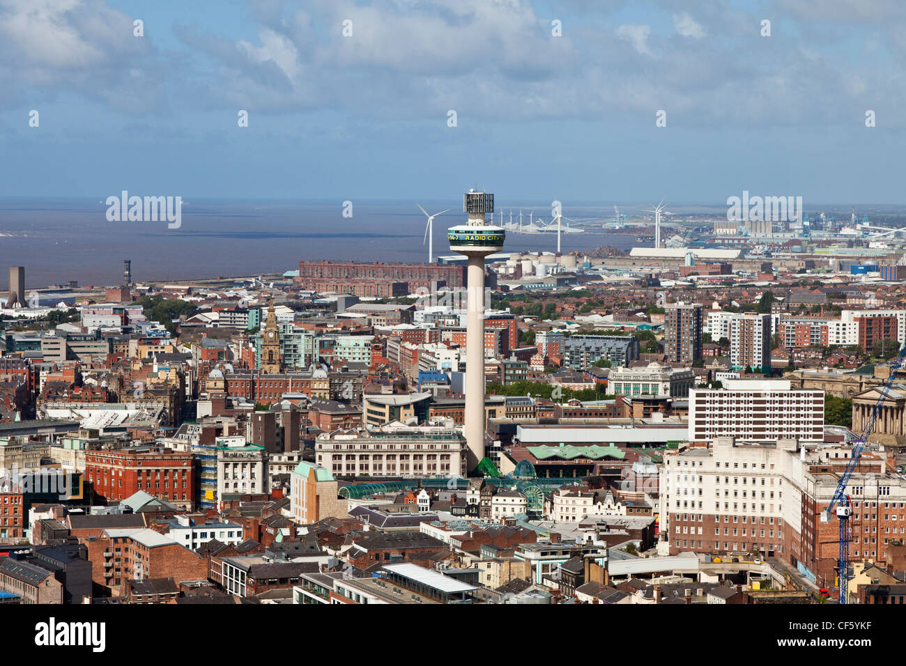 Aerial view over the city towards the Mersey Estuary, featuring the Radio City Tower (St. John's Beacon). Stock Photo