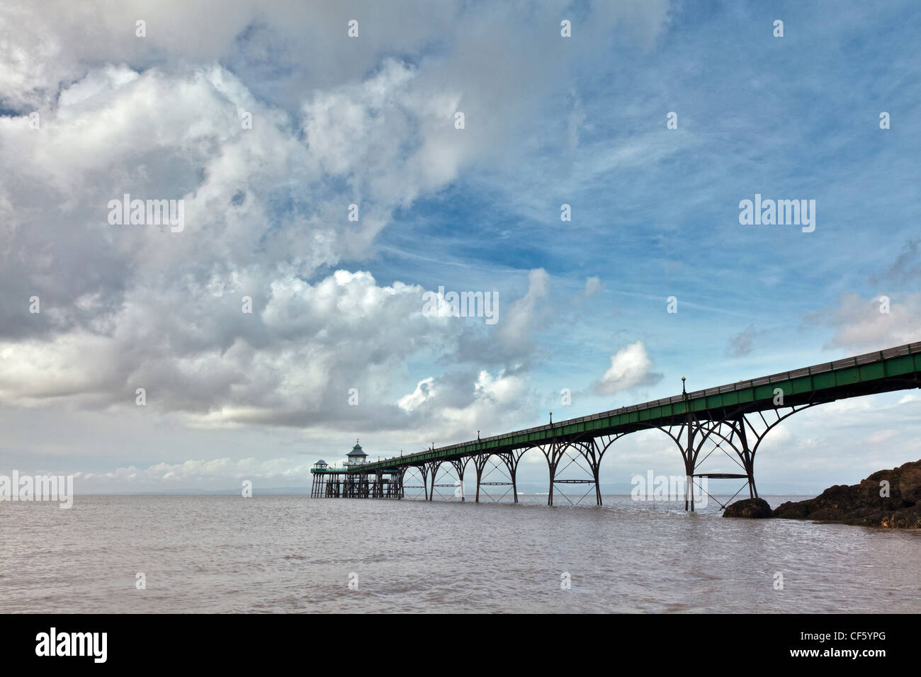 Clevedon Pier, the only fully intact, Grade 1 listed pier in the country, stretching out into the River Severn estuary. Stock Photo